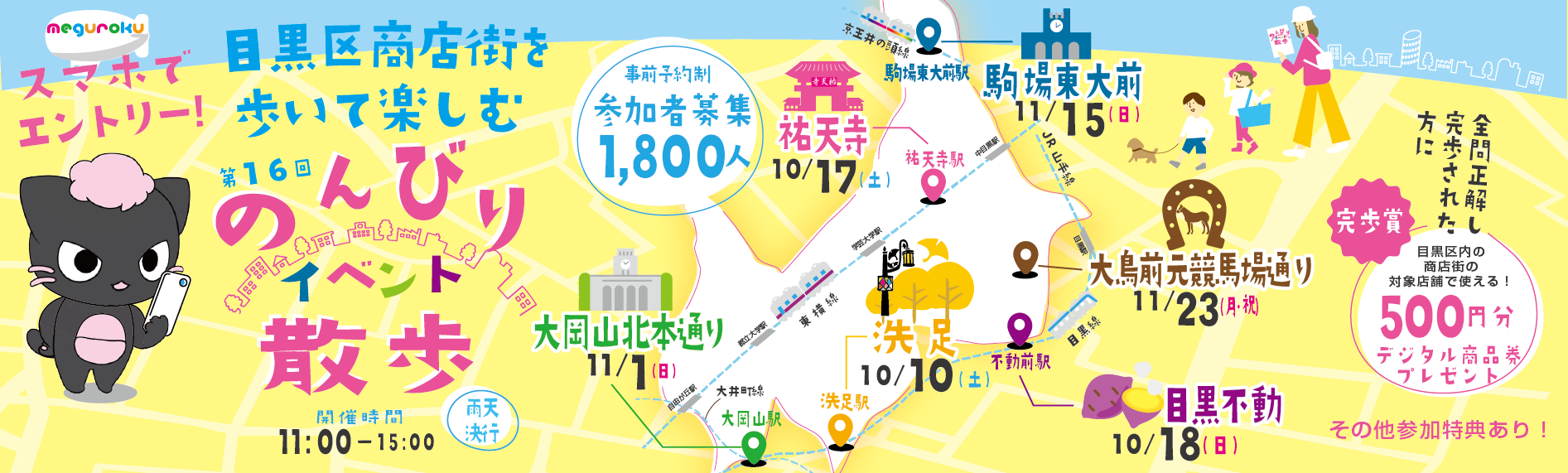 スマホでエントリー。目黒区の6つの商店街で開催する第16回のんびりイベント散歩。全問正解して完歩した方にデジタル商品券500円分をプレゼント